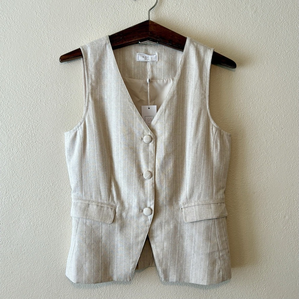 Sage Neutral Linen-Blend Sleeveless Button Vest